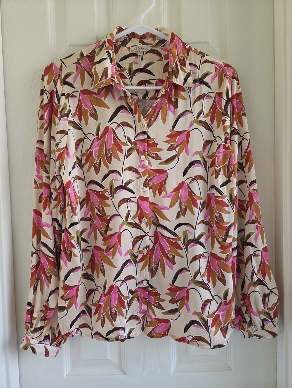 Esqualo Tropical Floral Button Down Blouse Long Sleeve Cream Pink Size 6